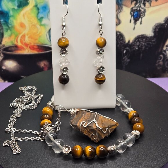 Tiger's Eye Clear Quartz Gemstone Beaded Flower Charm Jewelry Set - Picture 4 of 8